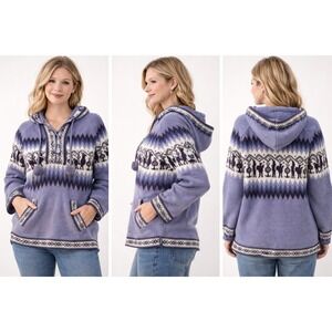 Alpaca Warehouse Lavender Purple Llama Fair Isle Knit Hoodie Pom Pom Pullover